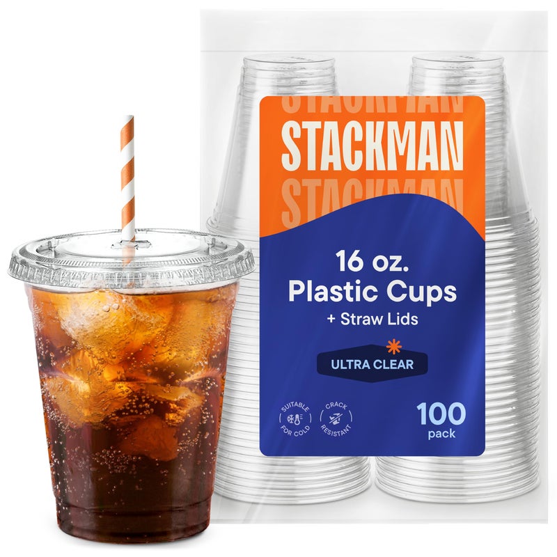 Stack Man 16 oz Clear Plastic Cups with Straw-Slot Lids [100 Sets] PET Crystal Clear Disposable Cups with Lids - Durable Cup. BPA Free + Crack Resistant, for Coffee, Juice, Shakes - Image 5